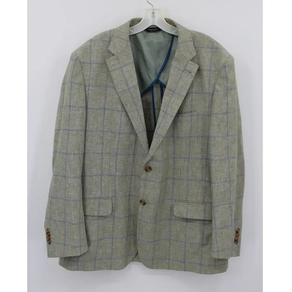 Paul Fredrick Sport Coat Linen Cotton Mens 46R Light Green Plaid Window Pane